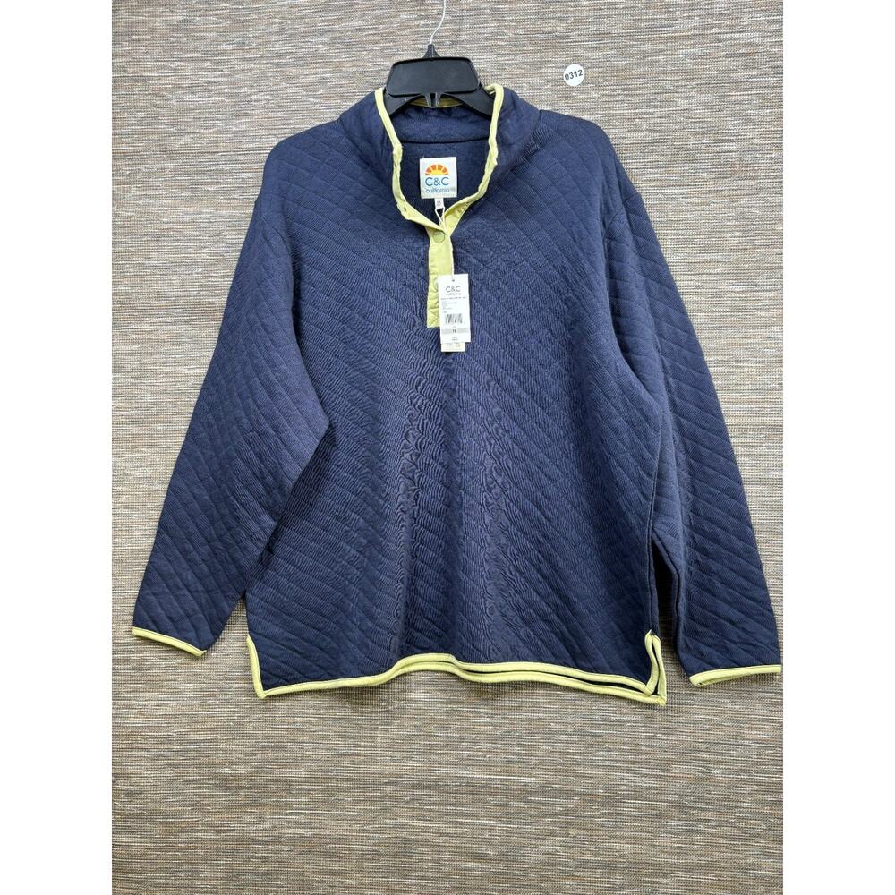 C&C California 1/4 Snap Quilted Sweatshirt Womens 1X Blue W/ Lime Piping NEW